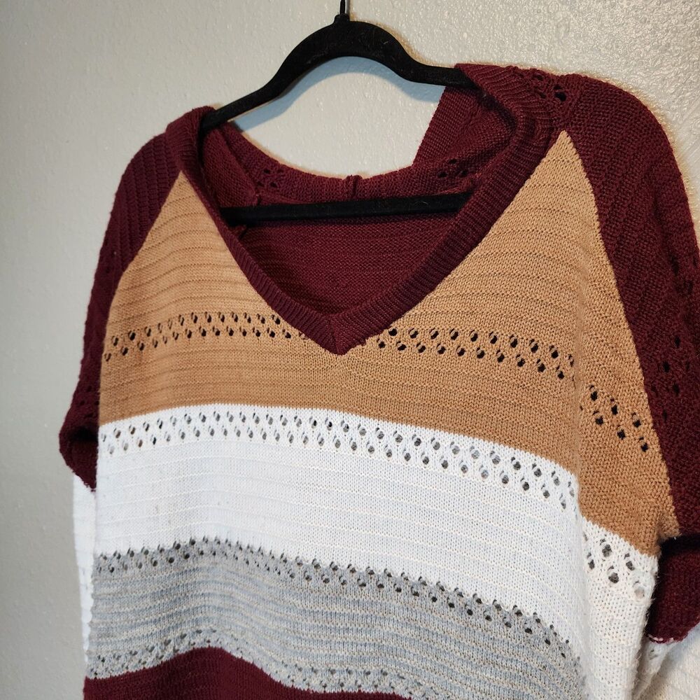 Women's Colorblock Hooded Sweater Sz L Open Knit V Neck Striped Burgundy Camel